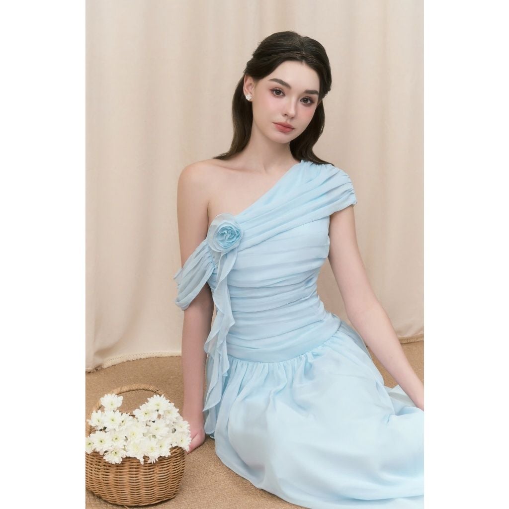 Đầm Nữ DIFAL DRESS Lệch Vai Đính Hoa Nổi Form Dài Dự Tiệc GOUT DE JUN
