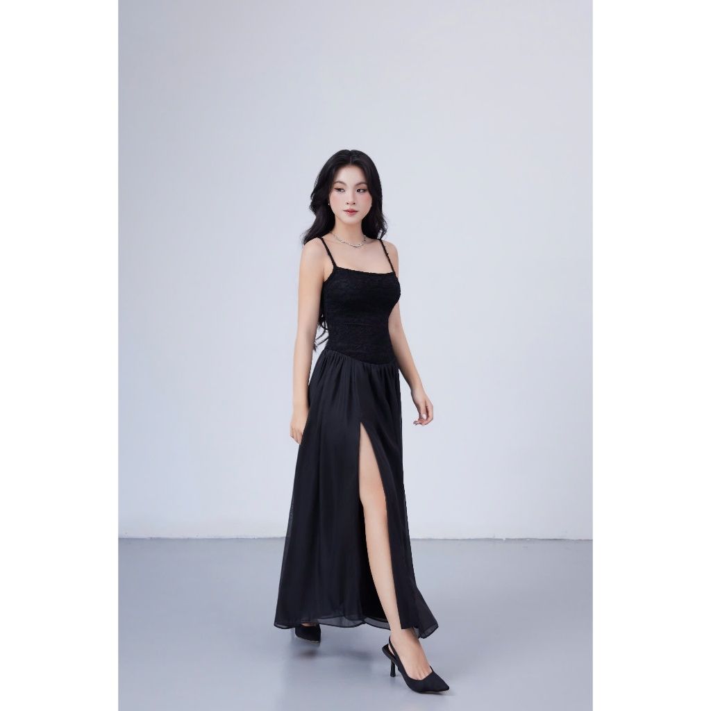 Đầm Nữ Đi Tiệc Hai Dây Xẻ Tà Phối Ren Hoa Sang Trọng   - EMIL DRESS - GOÛT DE JUN