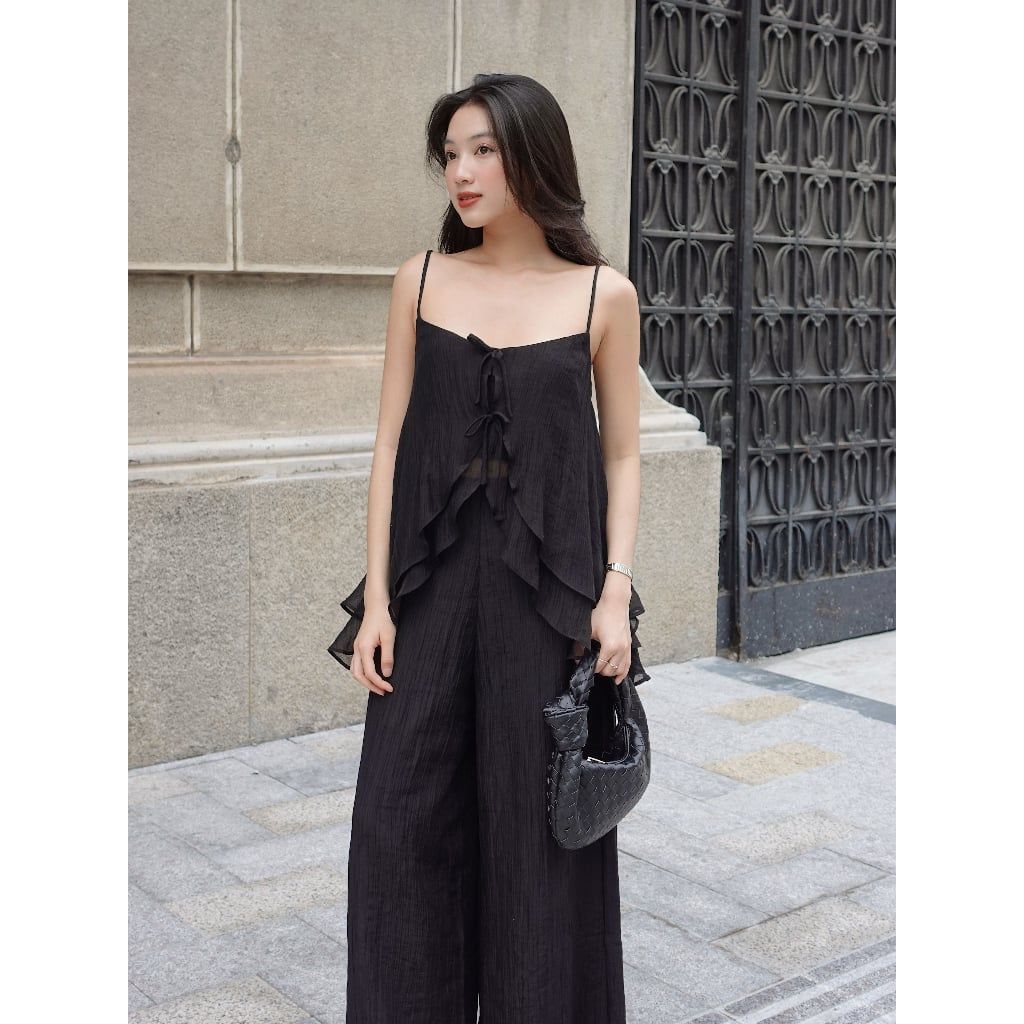 Set Áo Nữ Mùa Hè Hai Dây Bèo Xòe Đính Nơ và Quần Dài Ống Rộng - JOAN SET - GOÛT DE JUN