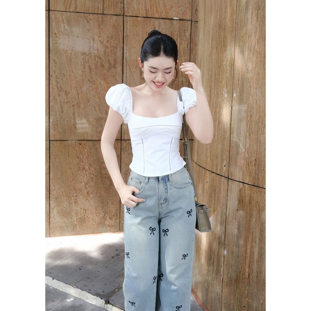 Quần Jeans Nữ Ống Rộng Thêu Nơ Thời Trang - HIDY JEAN - GOÛT DE JUN