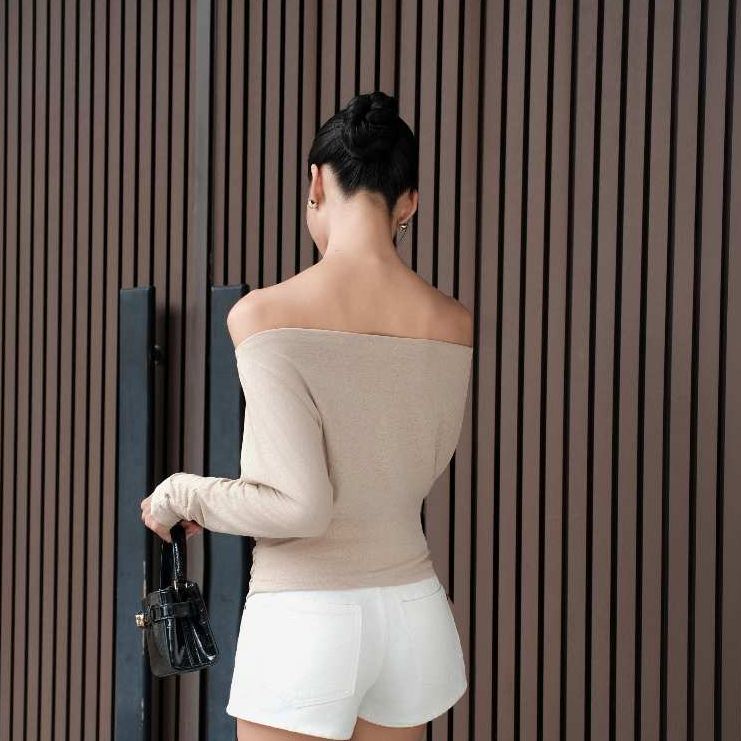 GOUT DE JUN Áo Kiểu Thun Giấy Mỏng Nhẹ Trễ Vai FAMON TOP Áo Tay Dài Phối Khoét Co Giãn FGBA2607077