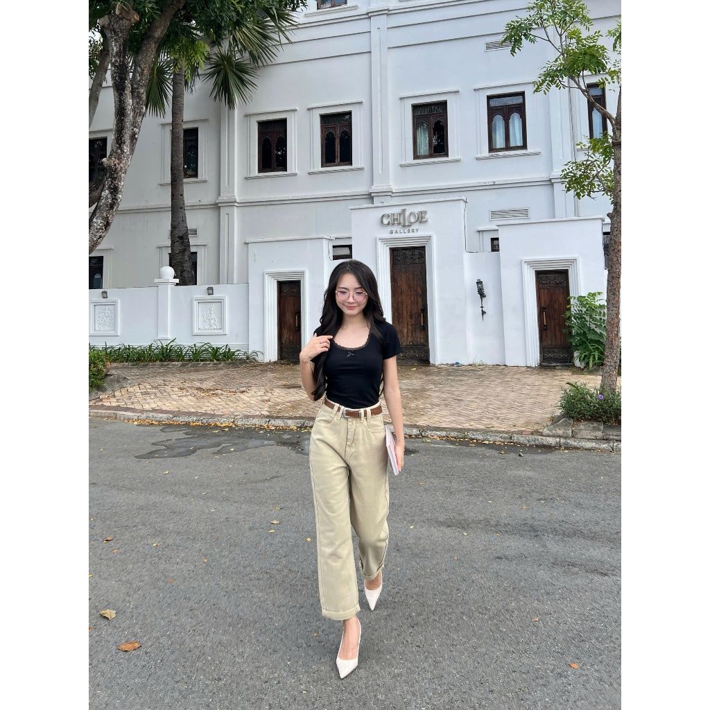 Áo Thun Form Ôm Cổ Tròn Viền Ren Phối Nơ - CHAXYN TOP - GOÛT DE JUN
