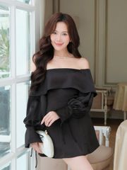 Đầm Lụa Nữ FINSSA Trễ Vai Tay Dài Form Ngắn Nữ Tính GOÛT DE JUN