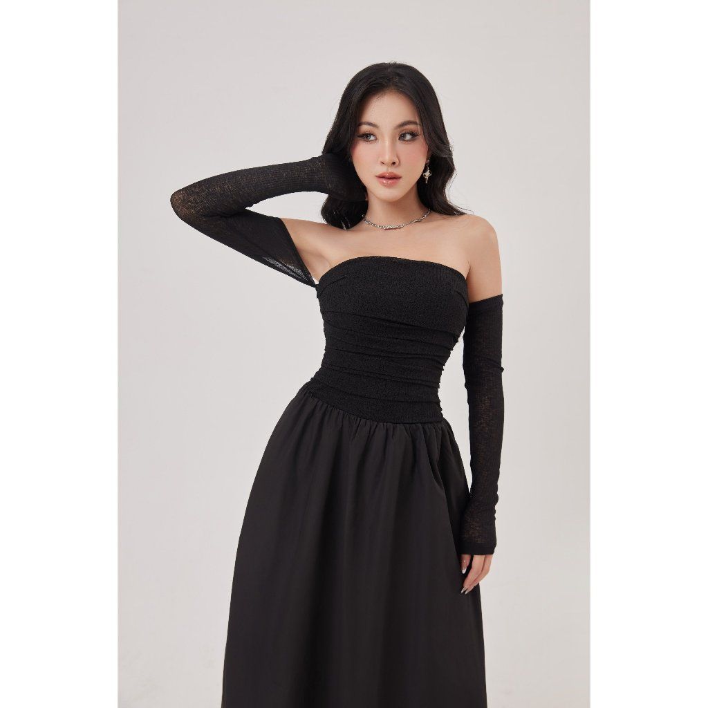 Đầm Nữ Trẽ Vai Form Dài Nhún Ngực Năng Động - LANEY DRESS - GOÛT DE JUN