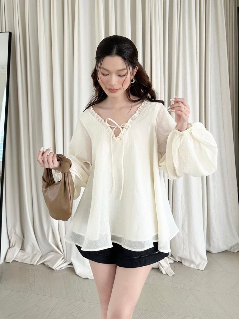 Áo Kiểu Nữ Diary Tay Dài Phồng Cổ V phối Bèo Nữ Tính GOÛT DE JUN