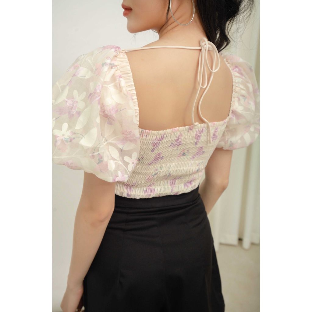 GOÛT DE JUN - Áo Croptop Tay Phồng Ngắn Họa Tiết Hoa - HANA TOP
