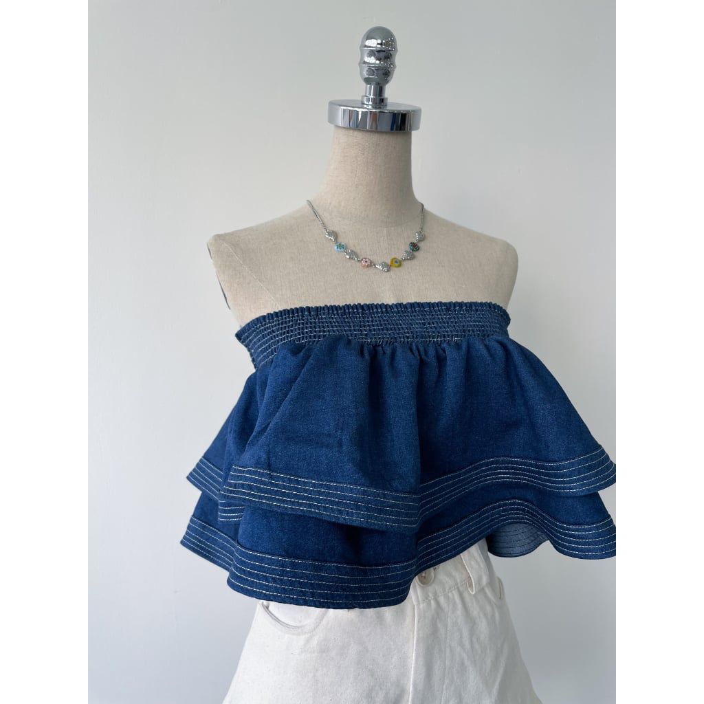 Áo ống form xoè xếp tầng cao cấp, Áo ống denim có kèm áo lót bra | SENSI TOP | Secodee