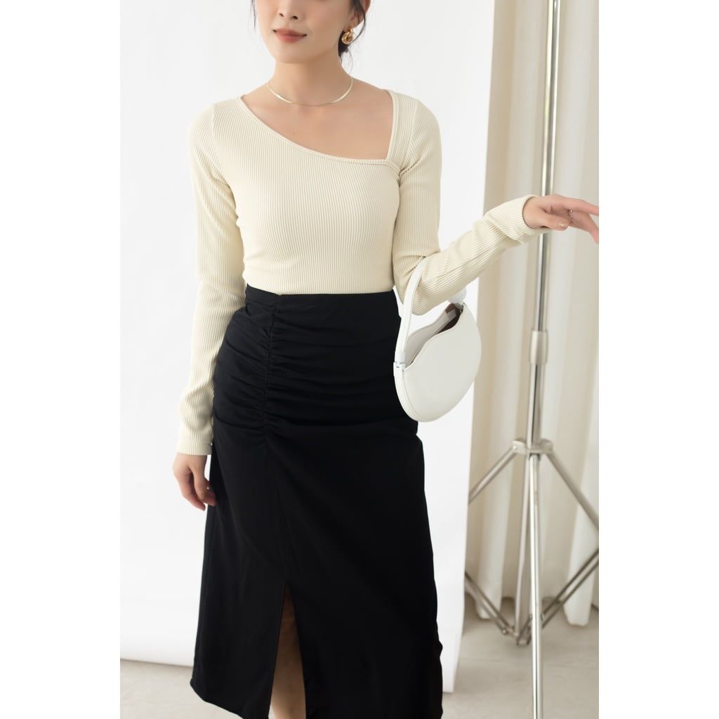 GOÛT DE JUN - Áo nữ body  tay dài cổ lệch - Gany Top
