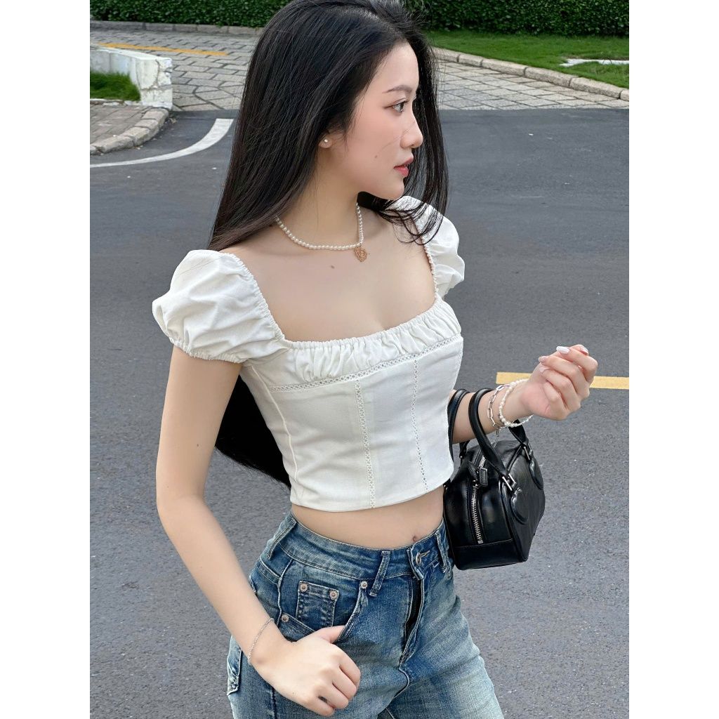 Áo Nữ Croptop Tay Phồng Cổ Vuông Ôm Dáng Nữ Tính - DARLY TOP - GOÛT DE JUN