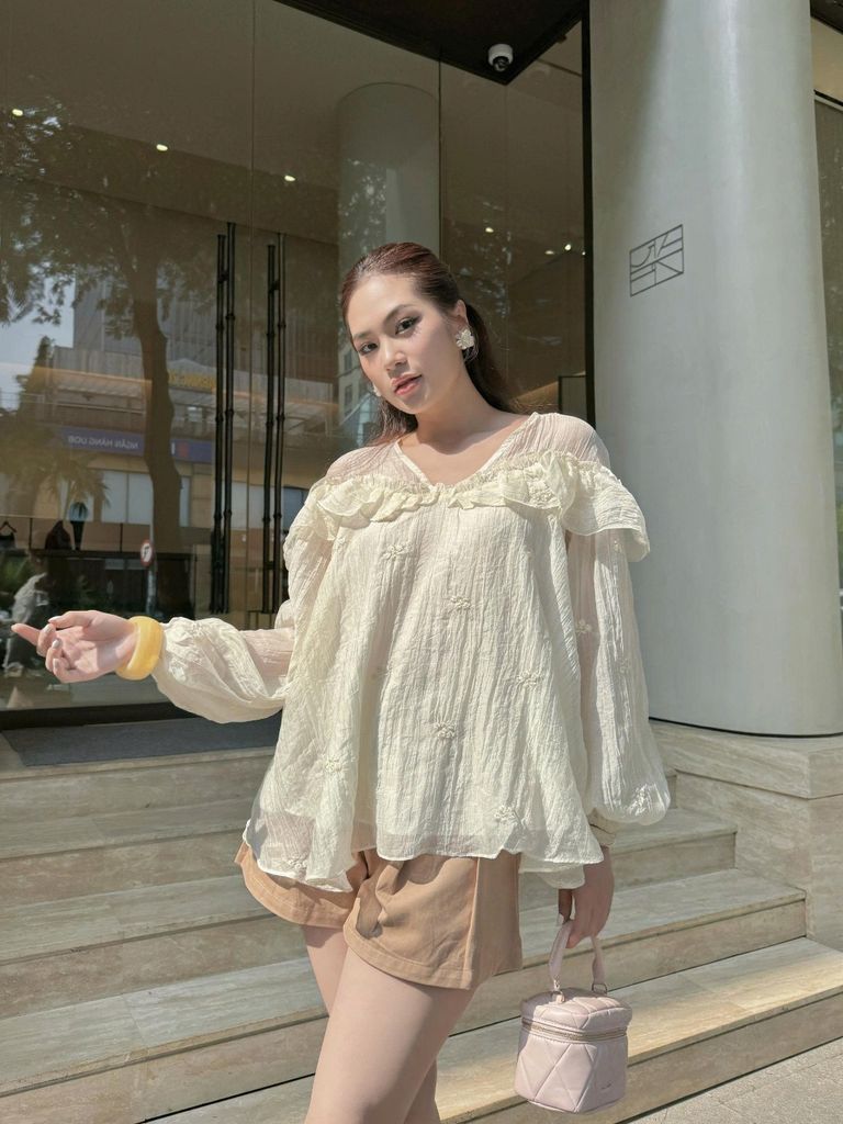 Áo Kiểu Nữ Babydoll SWETI Cổ V Bèo Tay Bồng Nữ Tính Dịu Dàng GOÛT DE JUN