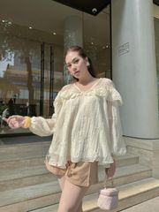 Áo Kiểu Nữ Babydoll SWETI Cổ V Bèo Tay Bồng Nữ Tính Dịu Dàng GOÛT DE JUN