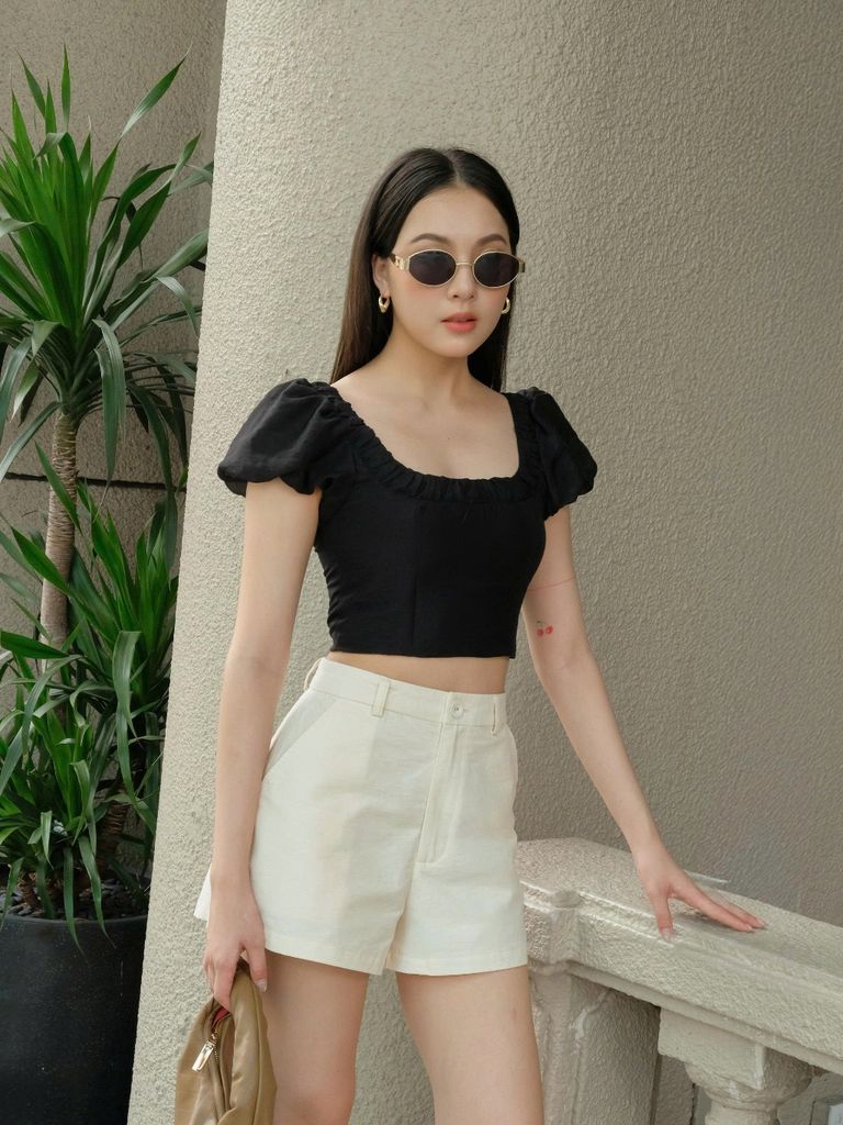 Áo Kiểu Nữ HUGHY Dáng Ngắn Cổ Vuông Tay Phồng GOÛT DE JUN