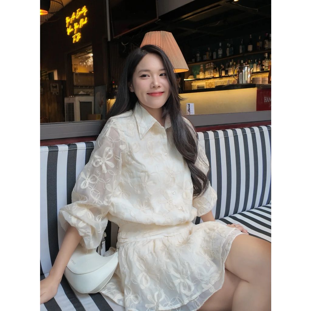 Đầm Nữ Sơ Mi Ren Hoa Thiết Kế Dáng Xòe Hot Trend (kèm Quần)- RAINEY DRESS - GOÛT DE JUN