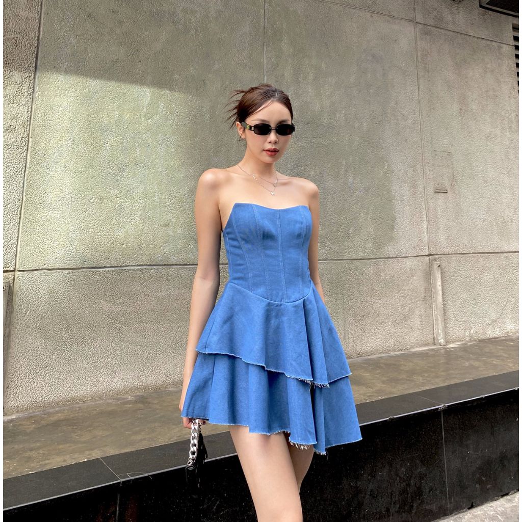 Đầm Nữ Cúp Ngực Denim 2 Tầng Vạt Xéo - FLORA DRESS - GOÛT DE JUN