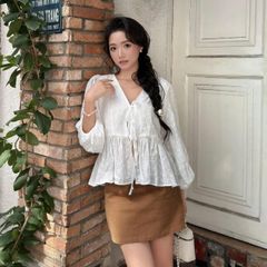 GOUT DE JUN Áo Babydoll Tay Dài Phồng Cột Nơ Ngực Vải Ren Thêu WERSO Áo Kiểu Nữ Cổ V Xòe FGBA2603155