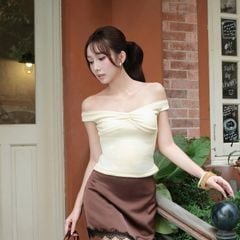GOUT DE JUN Áo Trễ Vai Nhún Ngực Phối Viền Ren TARDES Áo Kiểu Nữ Thun Co Giãn Dạo Phố FGBA2606105