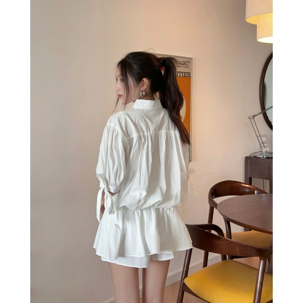 Set Áo Sơ Mi Tay Lỡ Thắt Nơ Dáng Ngắn Xòe Phối Quần Short Siêu Xinh - ERZA DRESS - GOÛT DE JUN