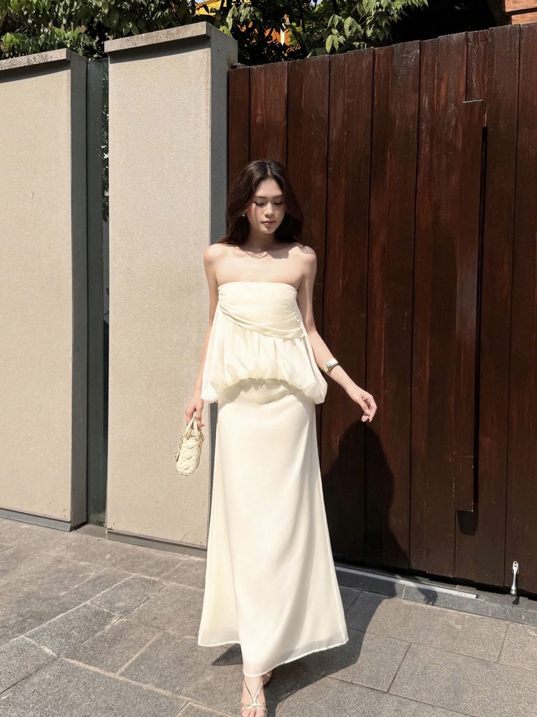 Đầm Nữ MILFOE Chất Voan Tơ Cúp Ngang Dáng Dài Thanh Lịch Nữ Tính GOÛT DE JUN