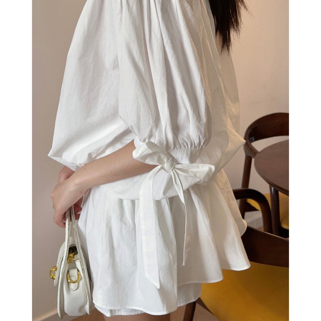 Set Áo Sơ Mi Tay Lỡ Thắt Nơ Dáng Ngắn Xòe Phối Quần Short Siêu Xinh - ERZA DRESS - GOÛT DE JUN