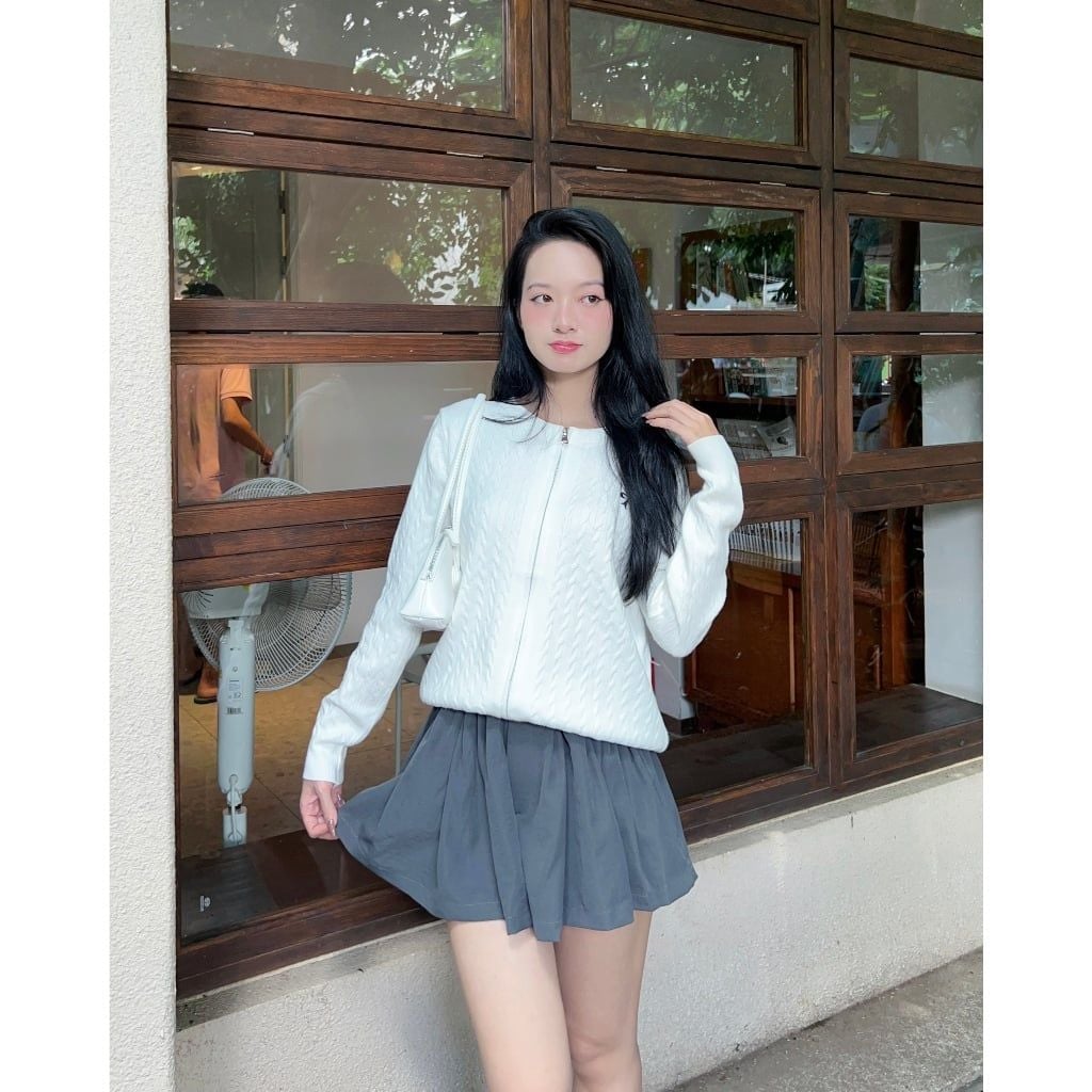 Áo Nữ Cardigan Len Dệt Kim Cổ Tròn Khóa Kéo Thêu Nơ Dễ Thương - TRAKI TOP - GOÛT DE JUN