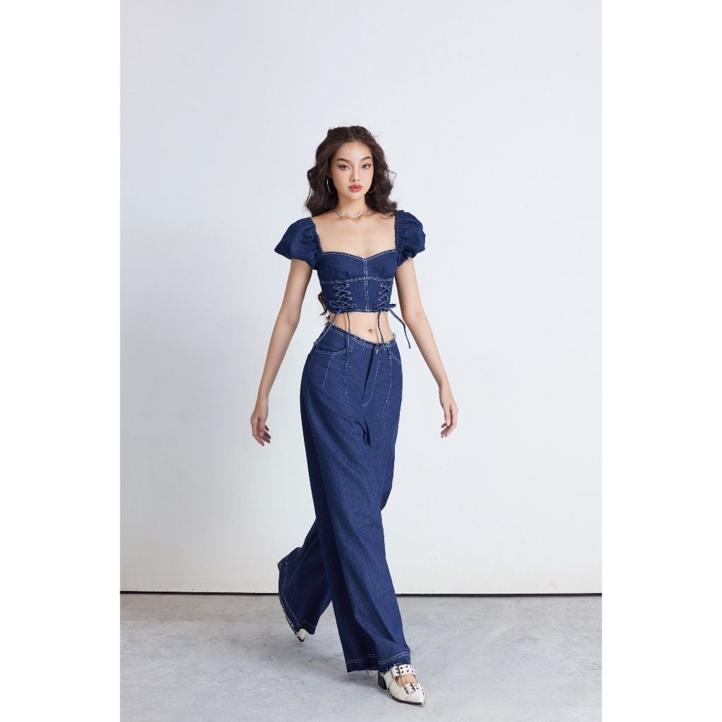 Quần Jeans Viền Chỉ Ống Rộng Lưng Cao Hack Dáng - NAVY PANTS - GOÛT DE JUN