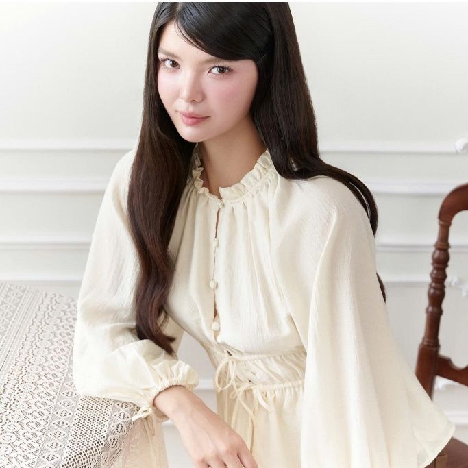 Gout De Jun Áo Sơ Mi Nữ Tay Phồng Nhún Lưng Tơ Tằm GEHALL Áo Kiểu Nữ Tay Dài Vintage FGBA2607078