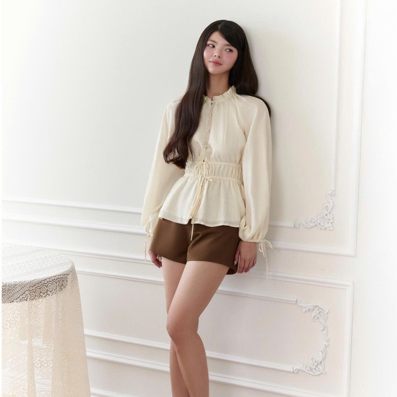 Gout De Jun Áo Sơ Mi Nữ Tay Phồng Nhún Lưng Tơ Tằm GEHALL Áo Kiểu Nữ Tay Dài Vintage FGBA2607078