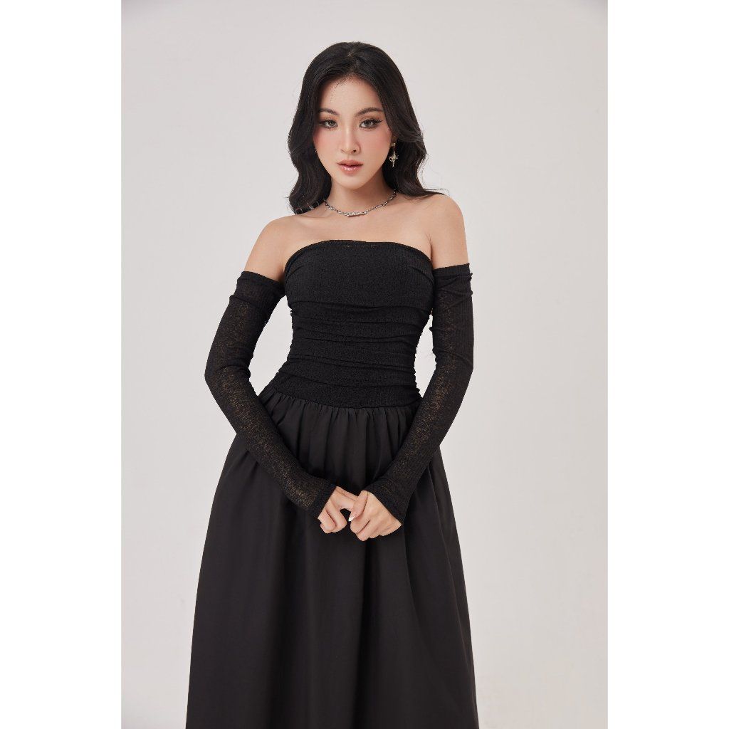 Đầm Nữ Trẽ Vai Form Dài Nhún Ngực Năng Động - LANEY DRESS - GOÛT DE JUN