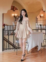 Đầm Nữ DOTING Trễ Vai Tay Dài Dáng Ngắn Form Bí Dễ Thương GOÛT DE JUN