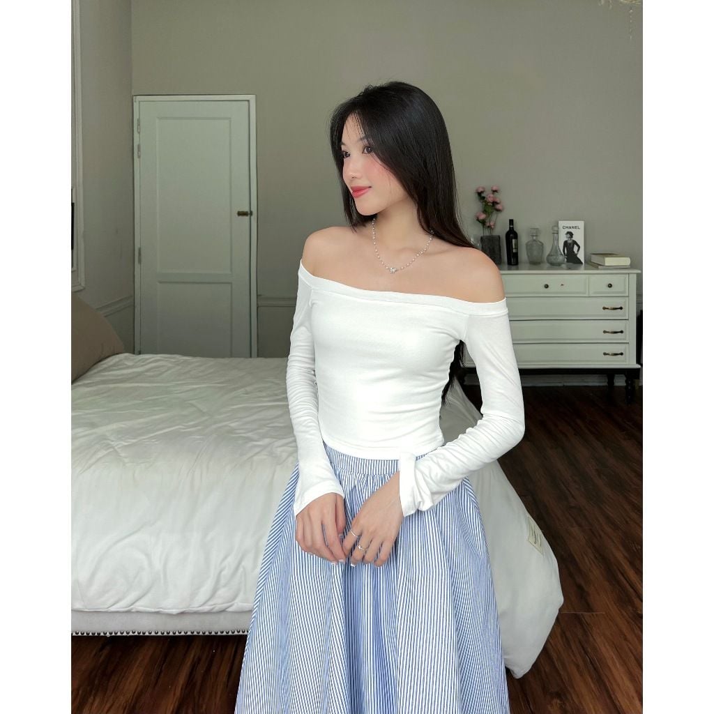 Áo Nữ Dài Tay Trễ Vai Nữ Tính Basic Dễ Phối Đồ  - DISA TOP - GOÛT DE JUN