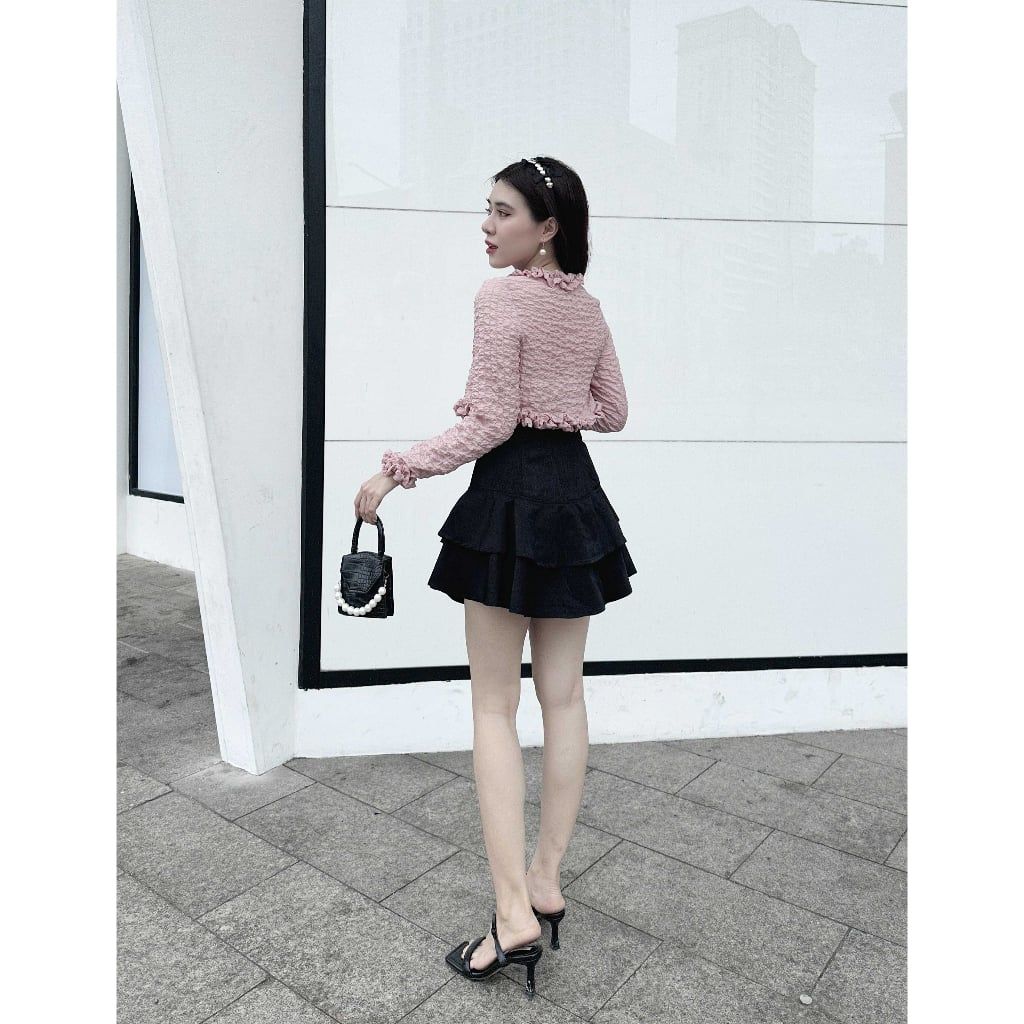 Áo croptop nữ tay dài phối bèo - URi TOP - GOÛT DE JUN