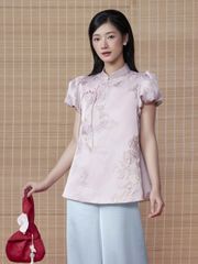 Áo Nữ SƯƠNG HOA Cổ Tàu Truyền Thống Tay Ngắn Bồng Đính Nơ Vải Gấm GOUT DE JUN