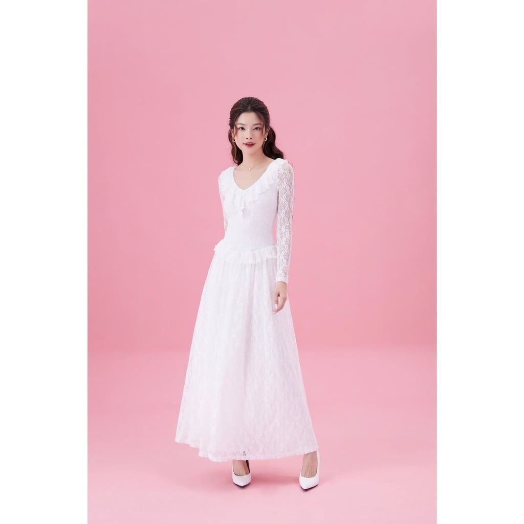 Đầm Xòe Dự Tiệc Tay Dài Viền Bèo Phối Ren Sang Trọng - LEWIS DRESS - GOÛT DE JUN
