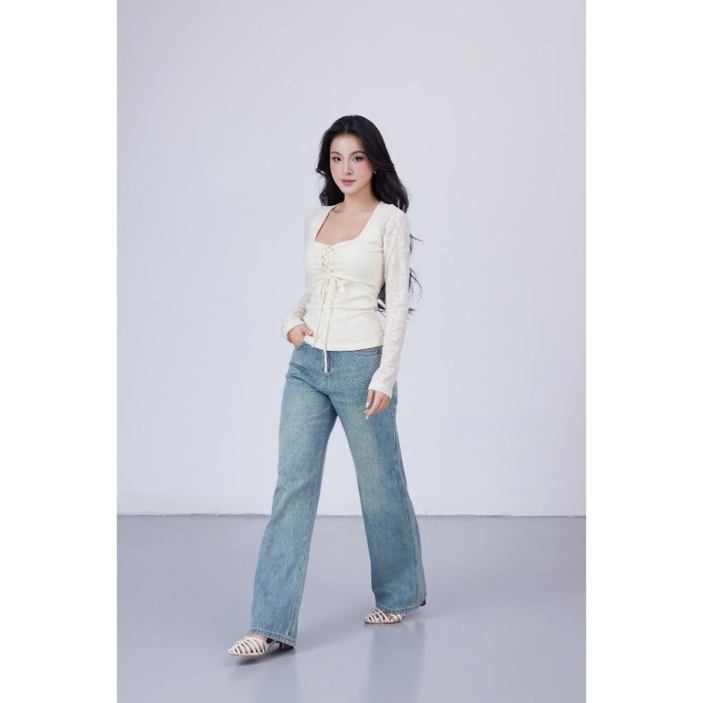Áo Nữ Tay Dài Cổ Vuông Thắt Ngực Nữ Tính - JUGEN TOP - GOÛT DE JUN