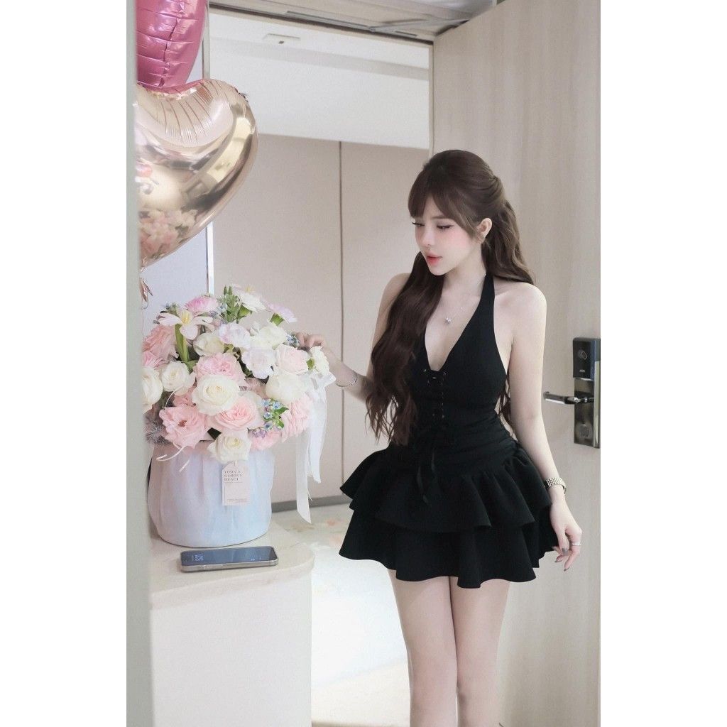 Đầm Nữ Dự Tiệc Cổ Yếm Đan Dây Ngực Form Xoè Tầng Hở Lưng - STACY DRESS - GOÛT DE JUN