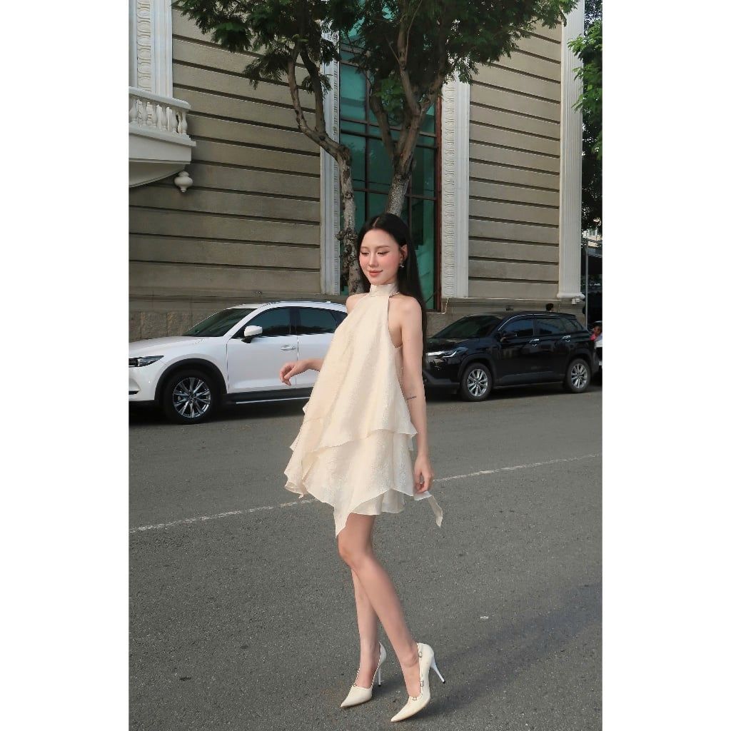 Đầm Freesize Cổ Yếm Cột Nơ Dáng Xòe Tầng Dành Cho Nữ - CHENDY DRESS - GOÛT DE JUN