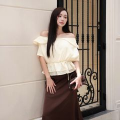 GOUT DE JUN Áo Kiểu Nữ Vải Tơ Cổ Trễ Vai Phối Cổ Bo Eo BENYA TOP Áo Kiểu Nữ Tay Bồng FGBA2606042