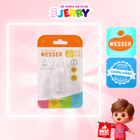 [Vỉ 2 cái] Núm ti/Núm vú bình sữa cổ hẹp Wesser size M (4 - 6M)