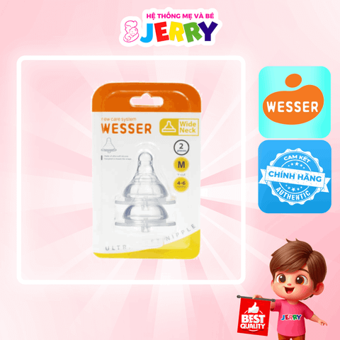 [Vỉ 2 cái] Núm ti/Núm vú bình sữa cổ rộng Wesser size M (4 - 6M)