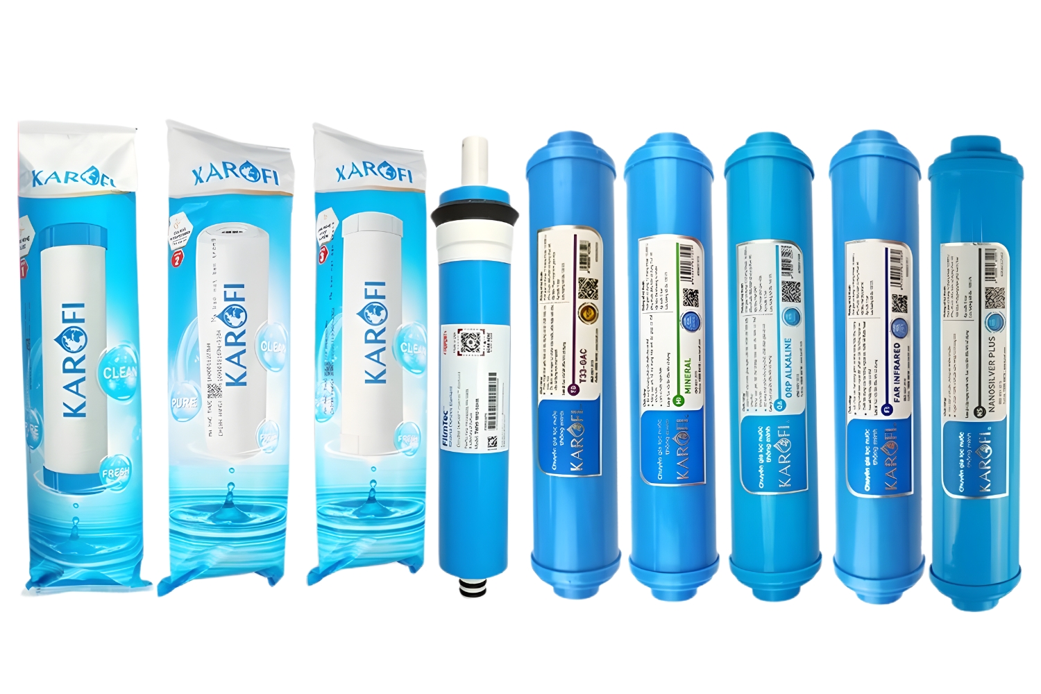 Combo 9 Lõi Lọc Nước Karofi (Gồm 123 Smax Duo - RO Dupont 50GPD - T33-Gac, Mineral, Far infrared, ORP Alkaline, Nano Silver)
