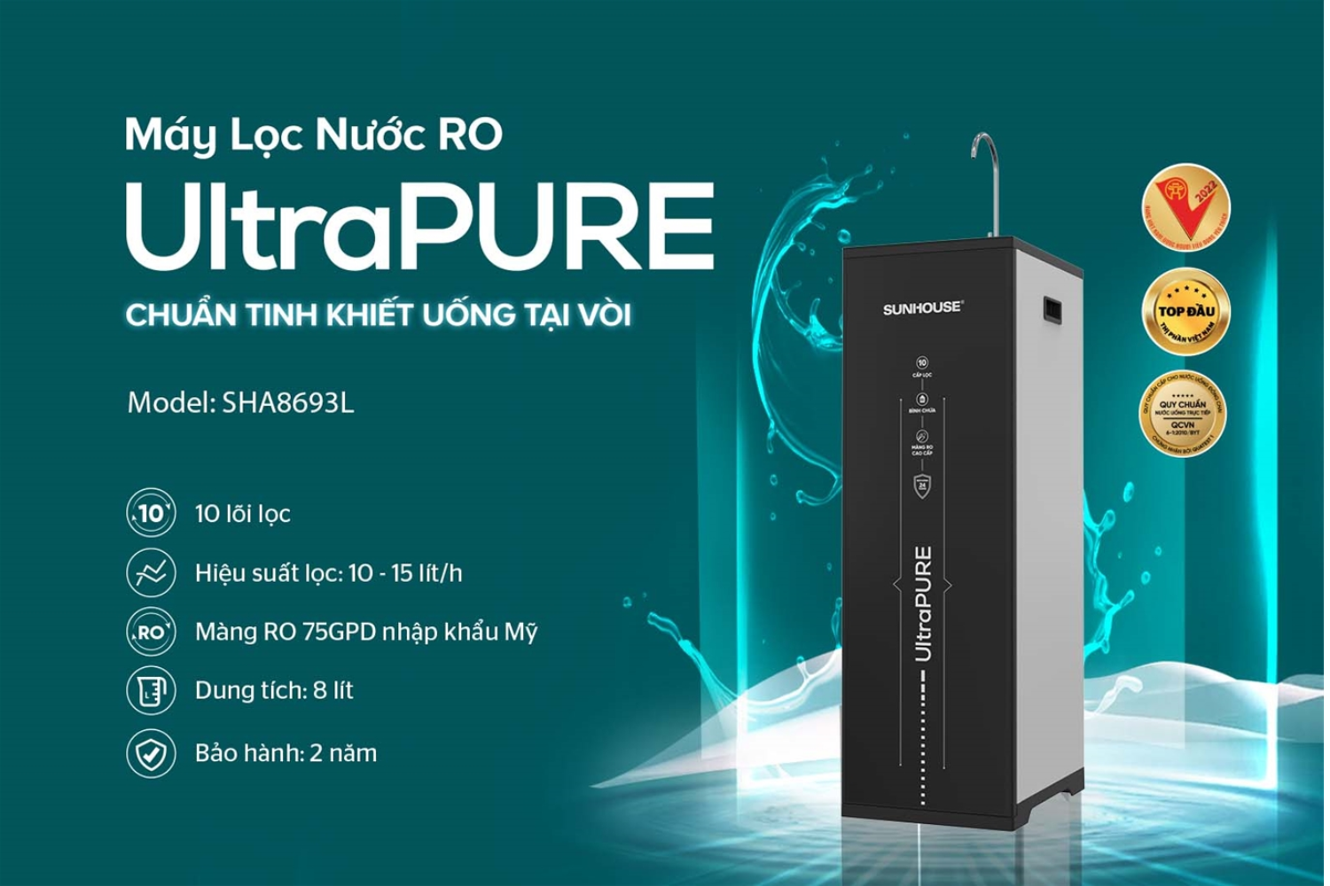 Máy Lọc Nước R.O UltraPURE Sunhouse SHA8693L | Tủ Đứng 10 Lõi Hydrogen