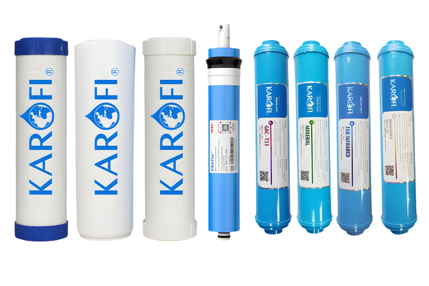Combo 8 Lõi Lọc Nước Karofi (Gồm 123 Smax Duo - RO Dupont 50GPD - T33-Gac, Mineral, Far infrared, Nano Silver)