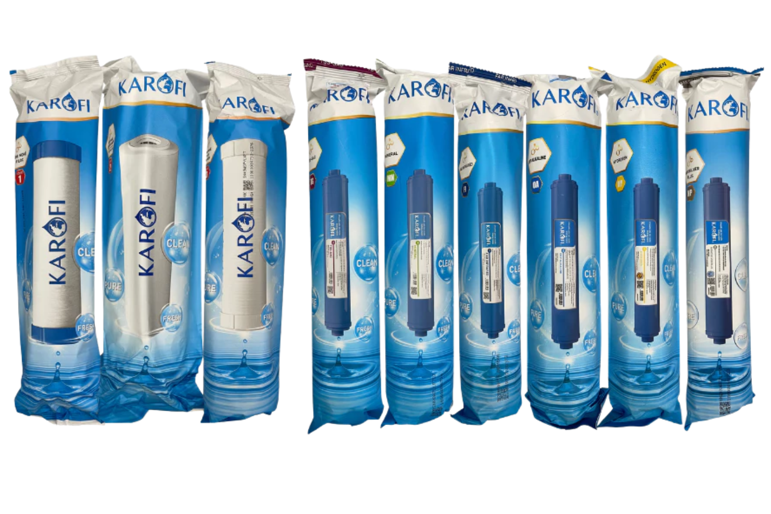 Combo 10 Lõi Lọc Nước Karofi Lẻ (Gồm 123 Smax Duo - RO Dupont 50GPD - T33-Gac, Mineral, Far infrared, ORP Alkaline, Nano Silver, Hydrogen)