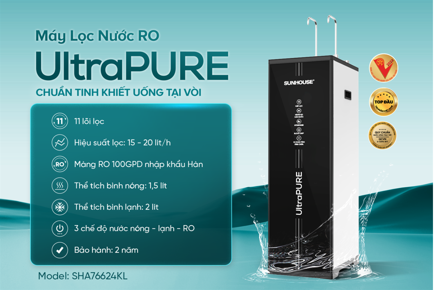 Máy Lọc Nước RO Sunhouse SHA76624KL UltraPURE | Tủ Đứng Nóng - Lạnh 11 Lõi
