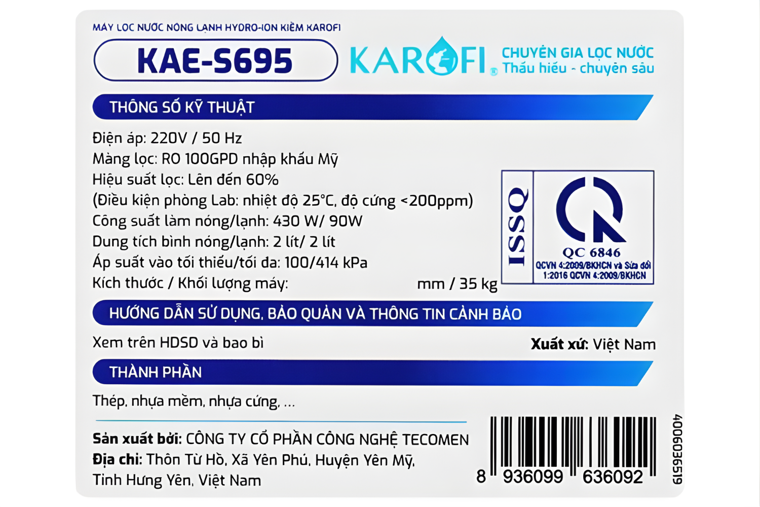 Máy Lọc Nước Nóng Lạnh Hydro-Ion Kiềm Karofi KAE-S695 | Tủ Đứng 13 Lõi