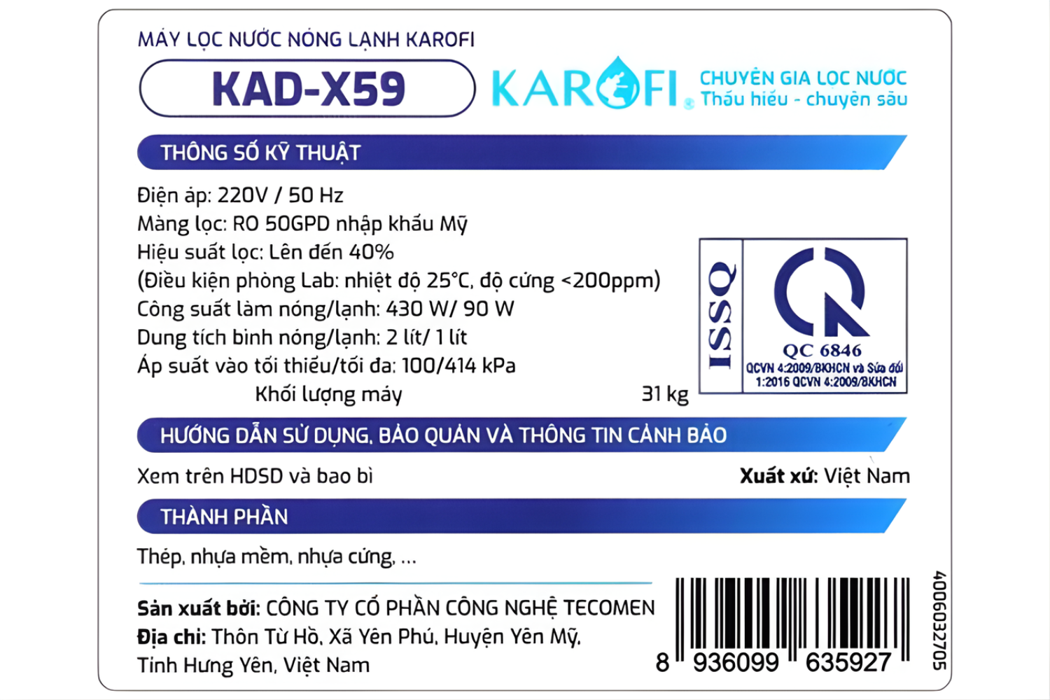 Máy Lọc Nước Nóng Lạnh Karofi KAD-X59 | Tủ Đứng 12 Lõi