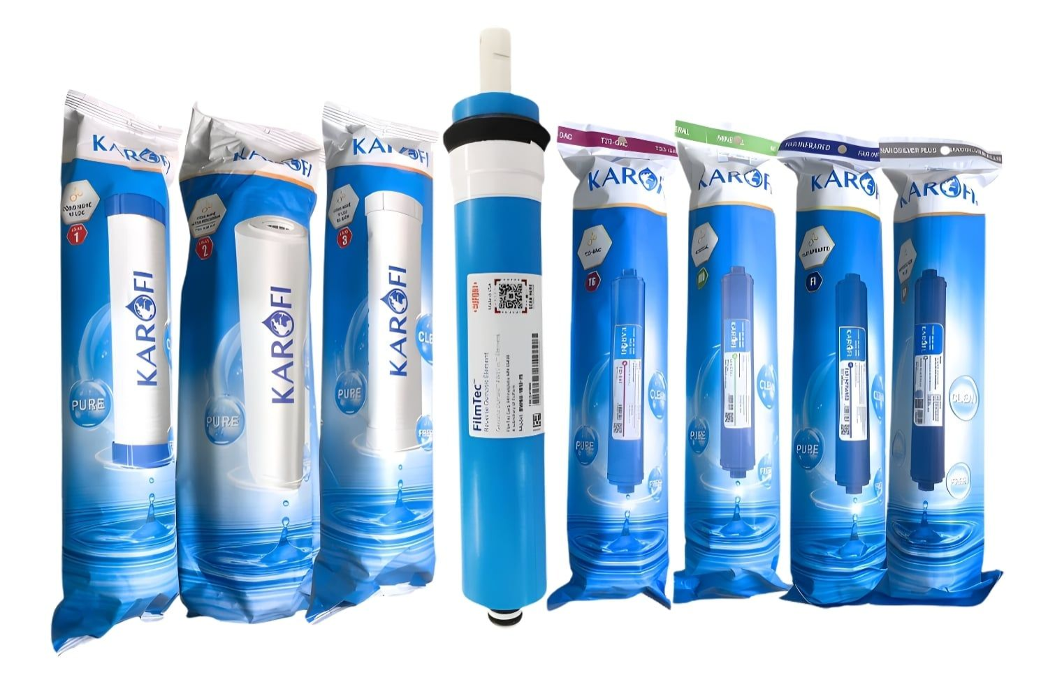 Combo 8 Lõi Lọc Nước Karofi (Gồm 123 Smax Duo - RO Dupont 50GPD - T33-Gac, Mineral, Far infrared, Nano Silver)