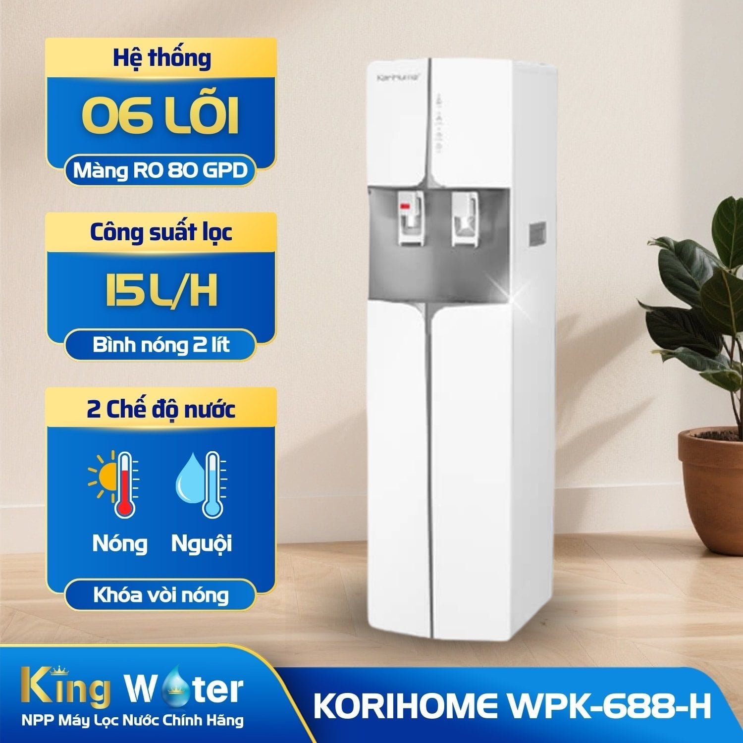 Máy Lọc Nước RO Nóng Nguội Korihome WPK-688-H | Tủ Đứng 6 Lõi