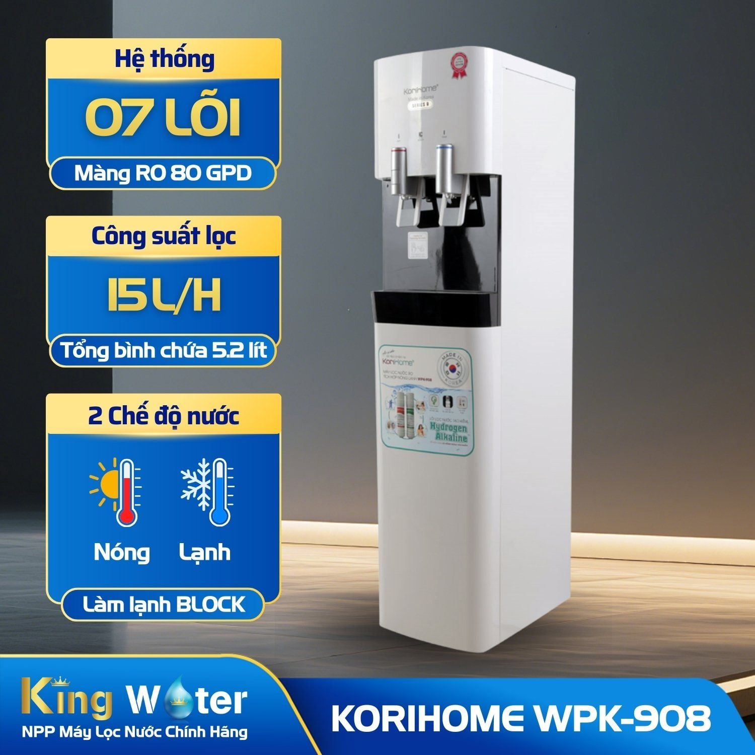 Máy Lọc Nước RO Nóng Lạnh Korihome WPK-908 | Tủ Đứng 7 Lõi