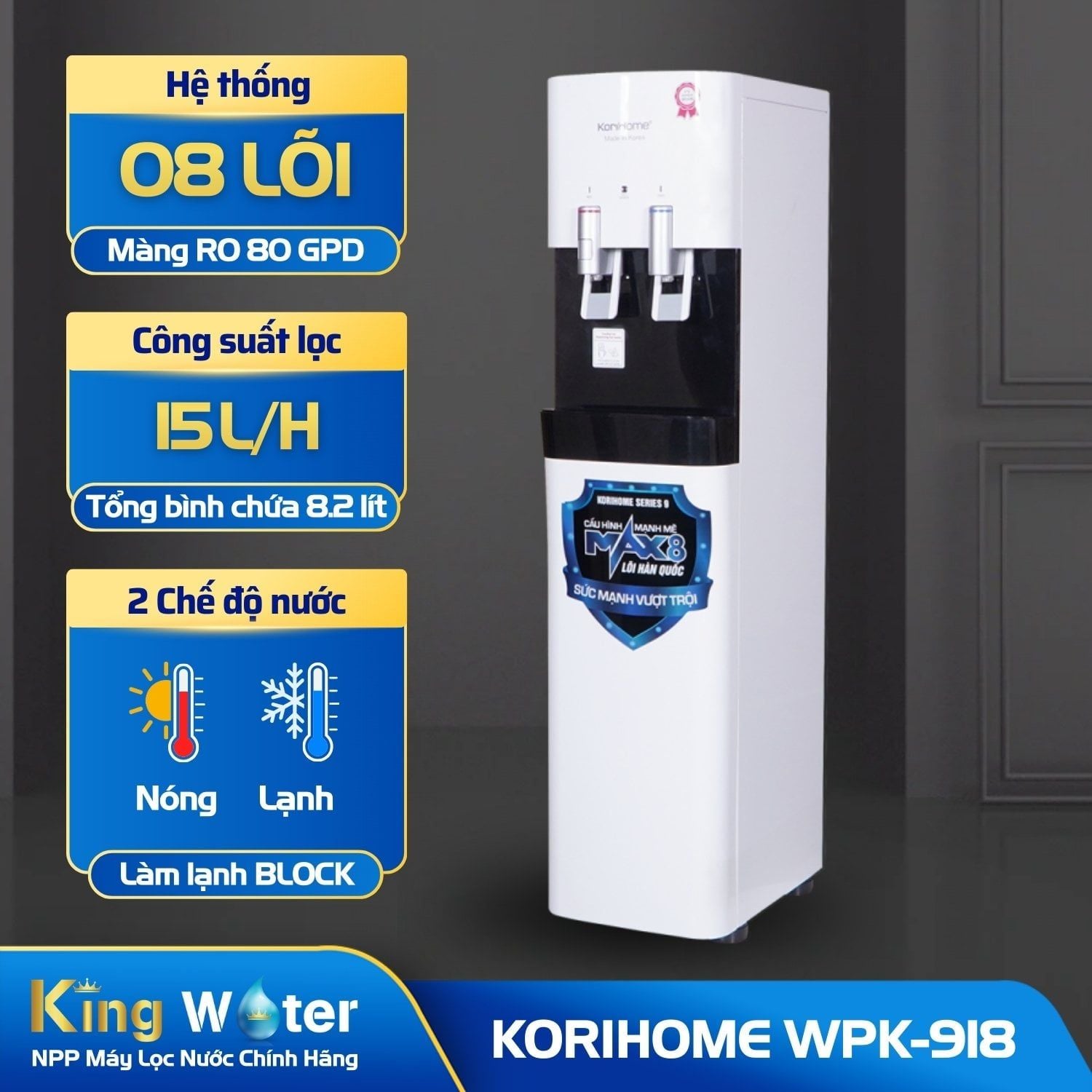 Máy Lọc RO Nóng Lạnh Korihome WPK-918 | Cây Đứng 08 Lõi